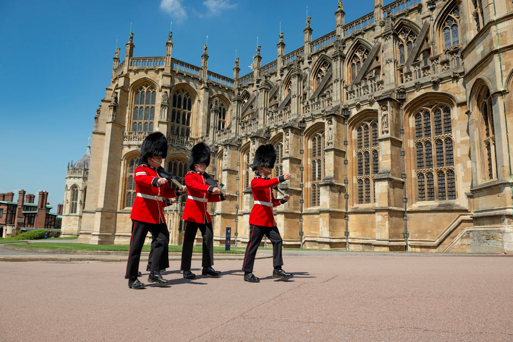 Windsor Castle Guards marching in front of St George's Chapel, Windsor Castle
